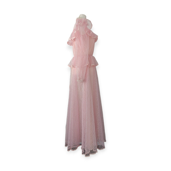 70s 80s Light Pink Lace Victorian Maxi Gown - Picture 4 of 10